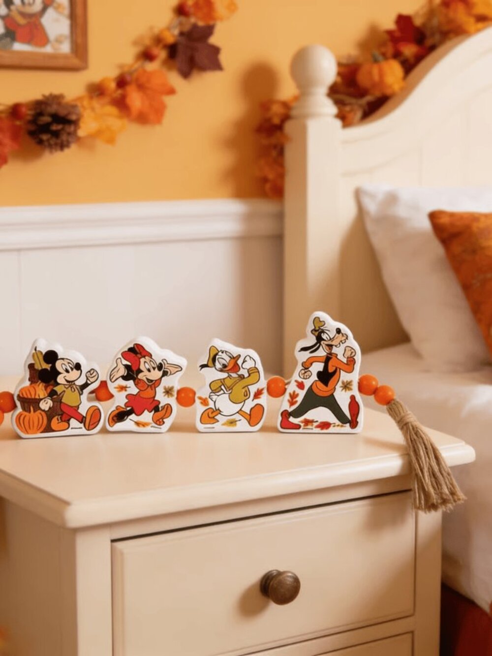 Disney Mickey & Friends Fall Wooden Bead Garland Decor Thanksgiving Tassel Sign